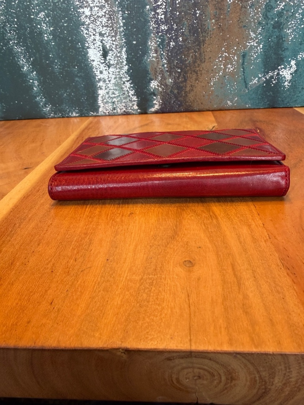 Firenze Vintage Y2K Patchwork Leather Wallet: Red Multi Color Quilted Argyle GUC - Picture 7 of 12